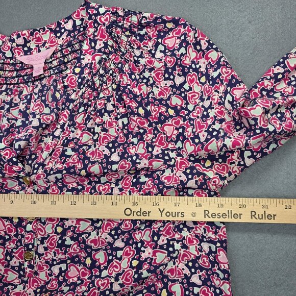 Lilly Pulitzer Shirt Womens Small Navy Pink Silk Heart Print Blouse Preppy Retro - Picture 8 of 12